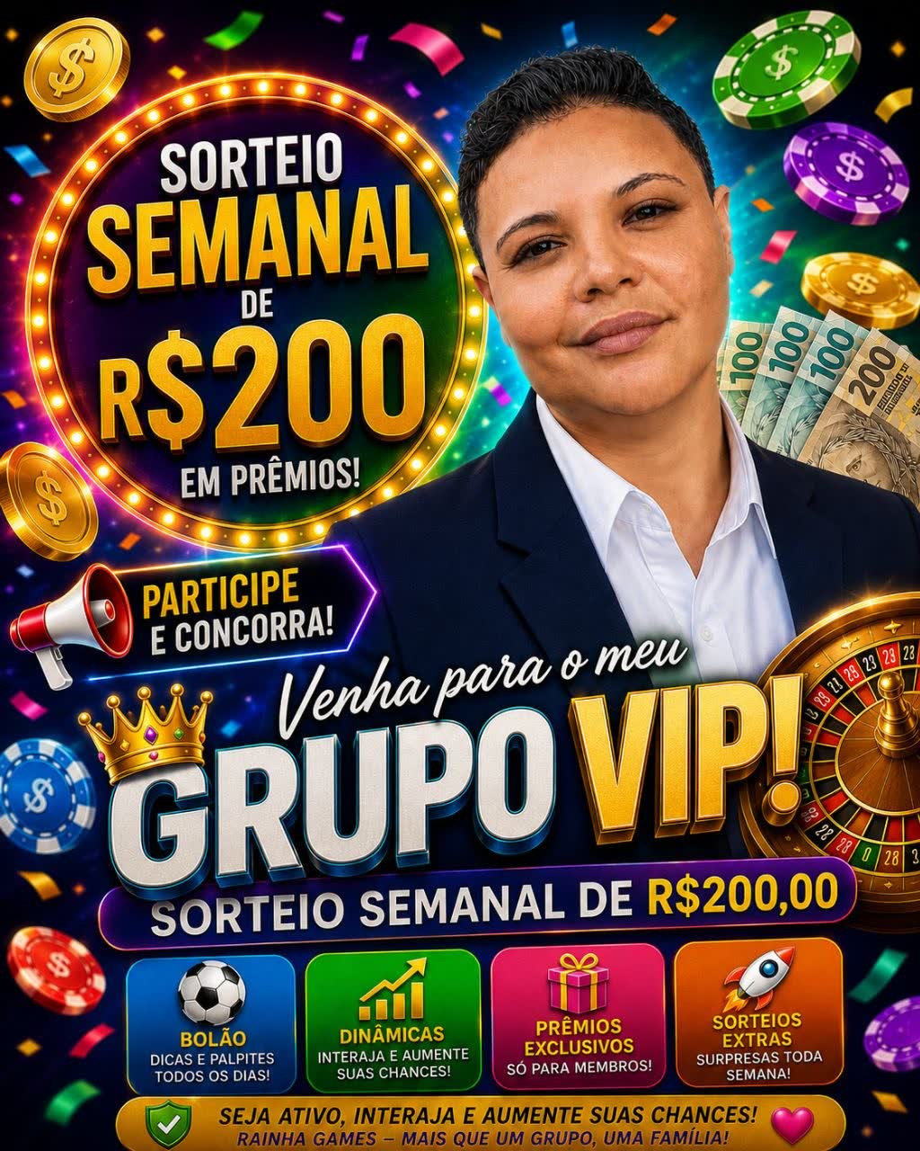 Rainha Games — Grupo VIP, sorteio semanal e dinâmicas